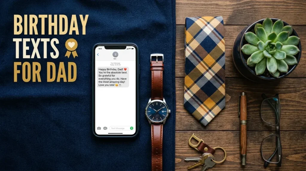 Phone displaying heartfelt birthday text messages for dad beside a watch and tie