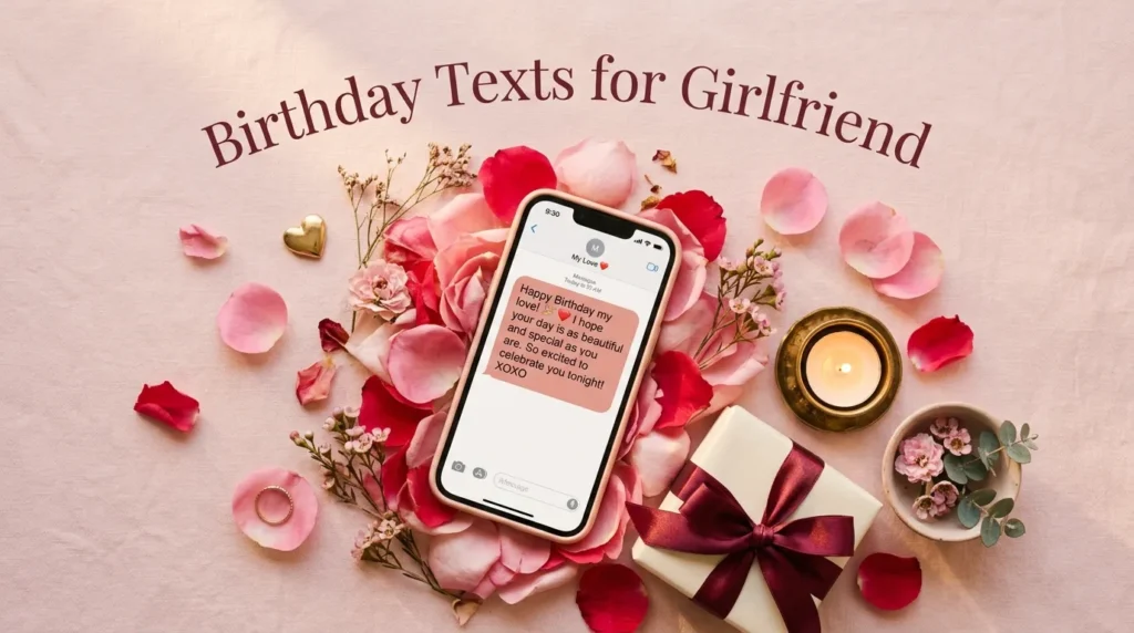 Smartphone with romantic birthday text messages for your girlfriend among rose petals