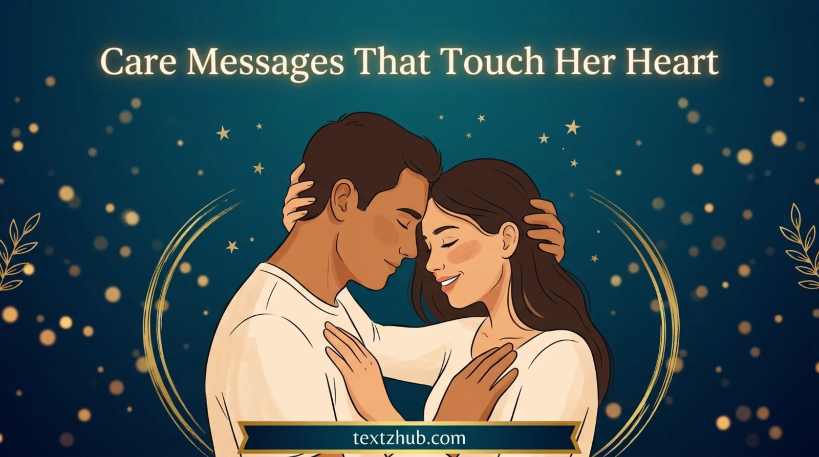 Deeply romantic couple illustration with forehead touch beside 150+ care messages for her.