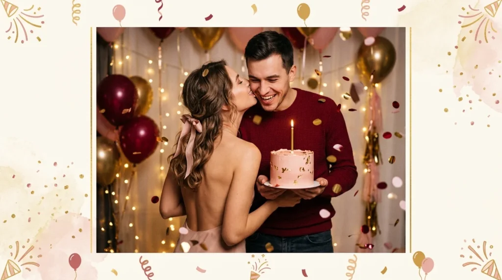 Couple celebrating birthday with cake and cheesy birthday messages for him