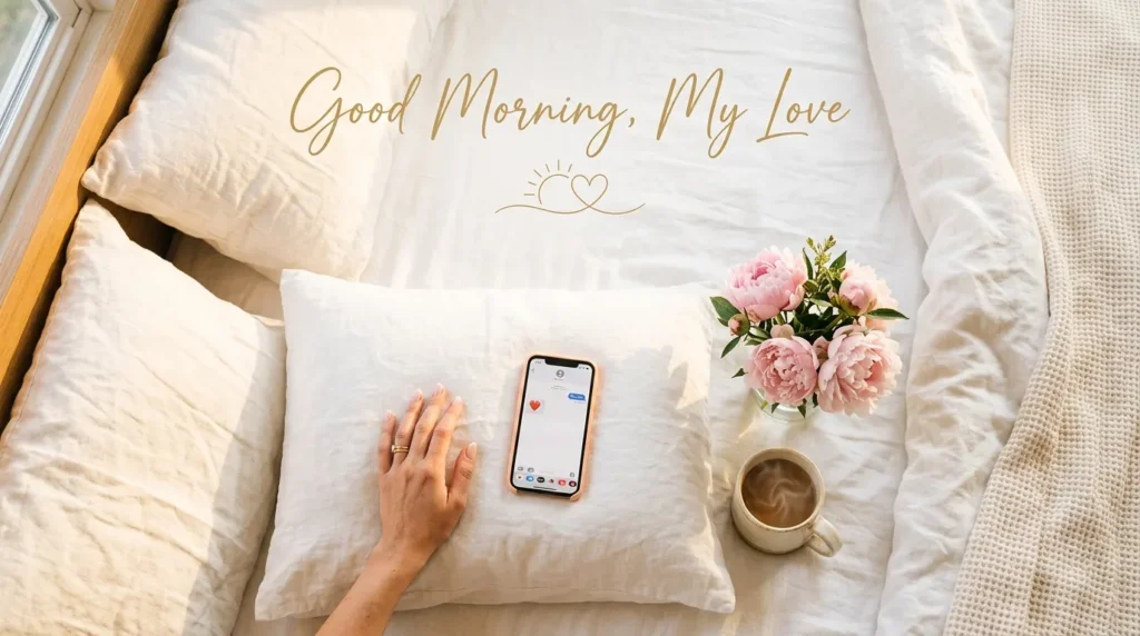 Cozy morning flat-lay with phone showing cheesy good morning texts for him