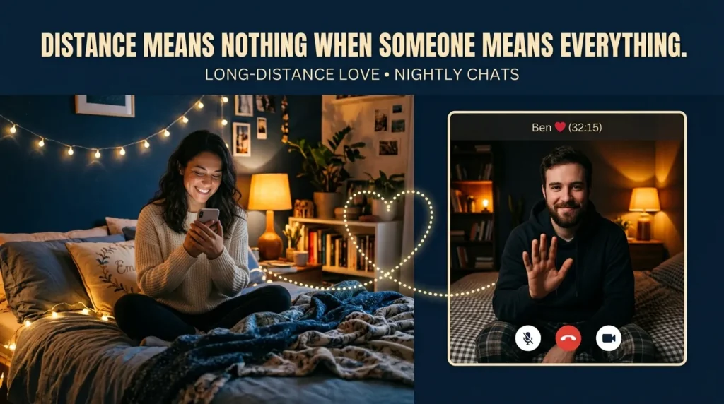 Couple video calling at night sharing cheesy love notes for long distance