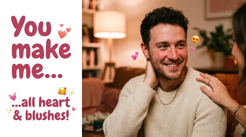 Blushing man smiling shyly at cheesy messages to make him blush