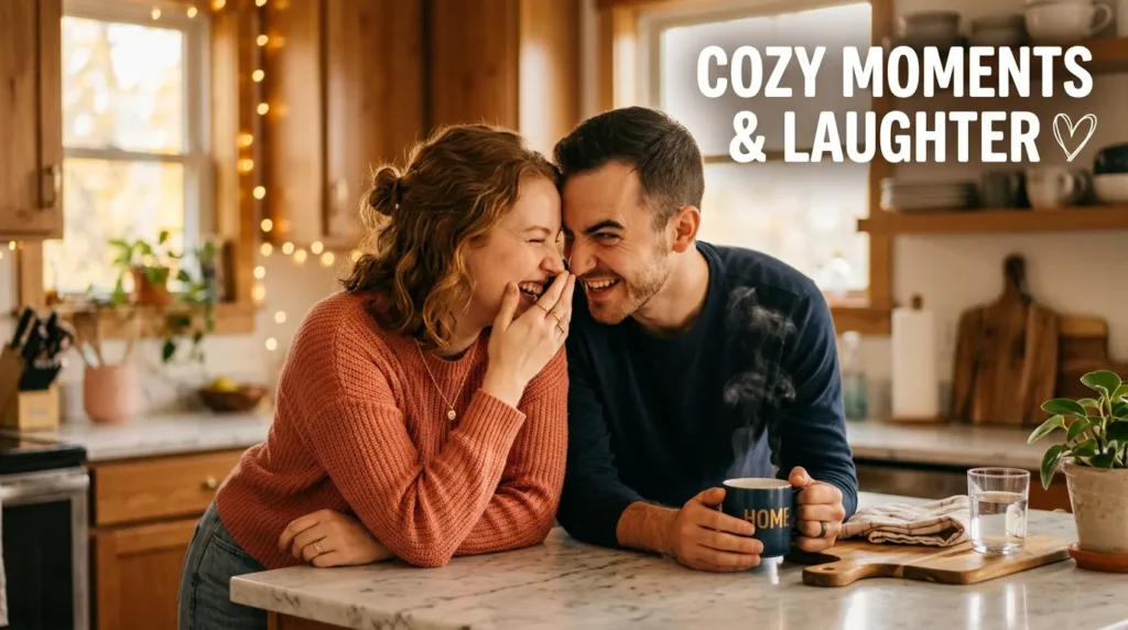 Laughing couple sharing cheesy pick-up lines to make him laugh together