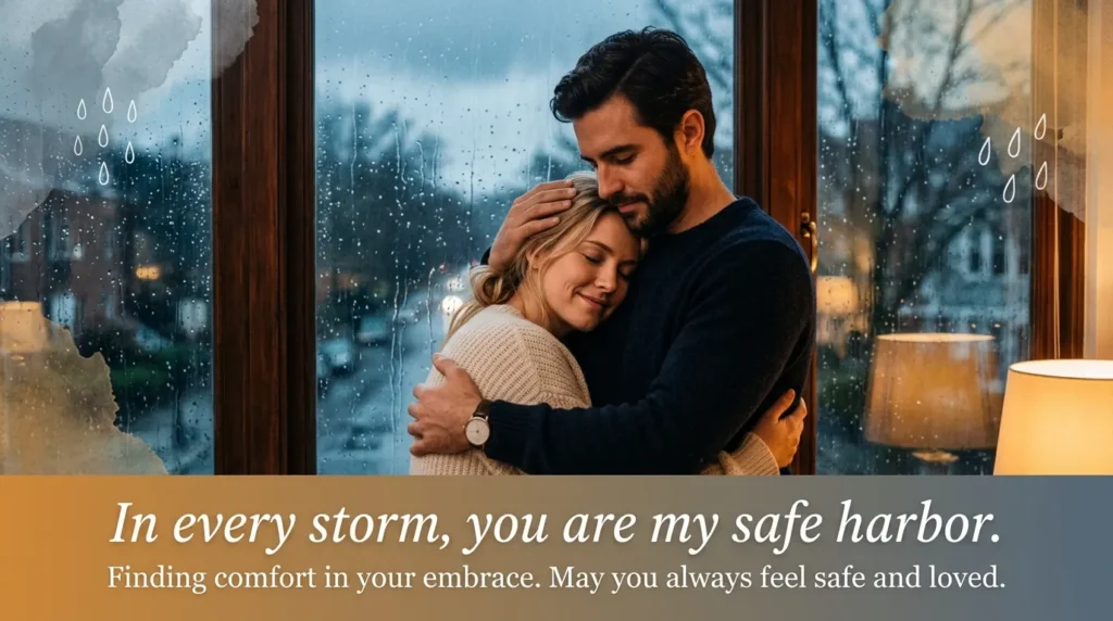 Man comforting woman in embrace, comfort messages for her hard times