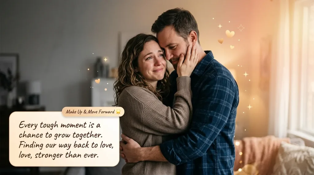 Couple reconciling tenderly in crazy love message after a fight