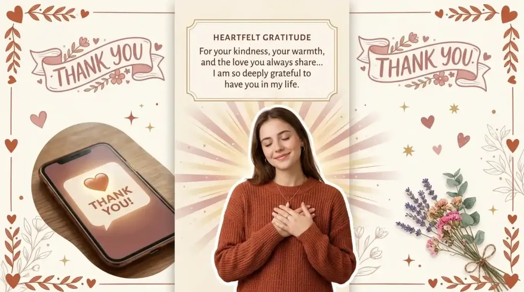 A warm, heartfelt Canva graphic of a woman holding her heart with gratitude, representing cute appreciation messages for your boyfriend.