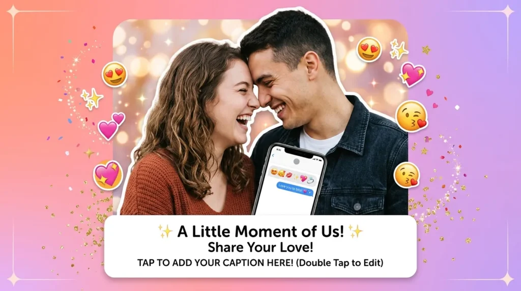 Couple laughing together surrounded by cute emoji messages for her