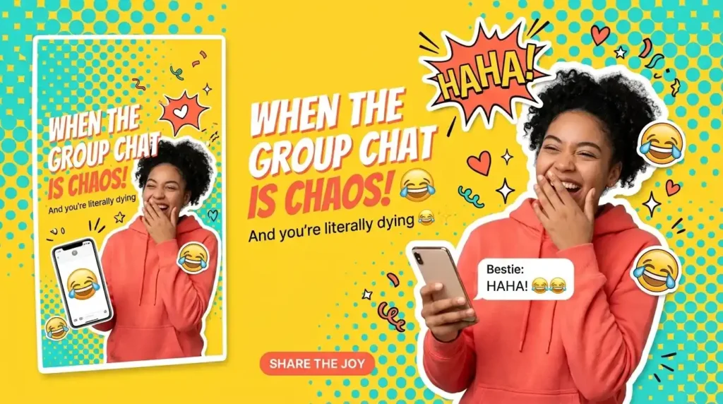 A playful, comic-style Canva graphic with a laughing woman and speech bubbles, showcasing cute funny messages for your boyfriend.