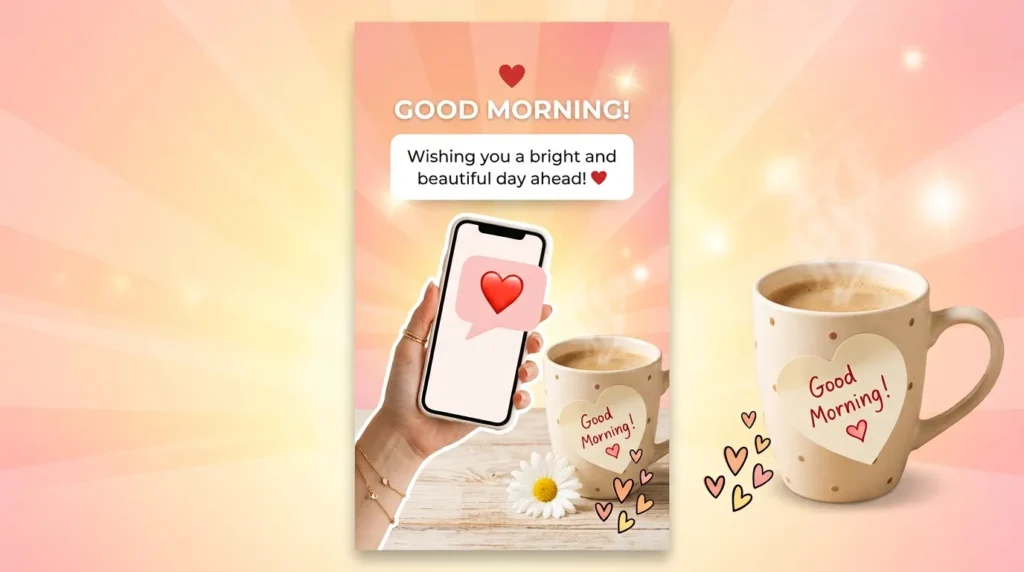 A warm, sunrise-themed Canva greeting card featuring a coffee mug and heart sticky note, illustrating cute good morning messages for your boyfriend.