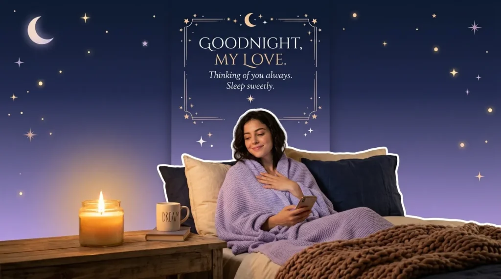 A romantic nighttime Canva card showing a woman glowing by candlelight thinking fondly of her partner, representing cute goodnight messages for your boyfriend.