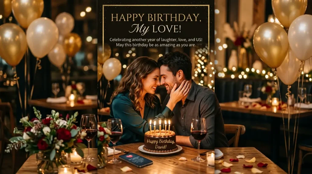 A romantic candlelit birthday date between a couple sharing an intimate moment, representing cute messages for his birthday.