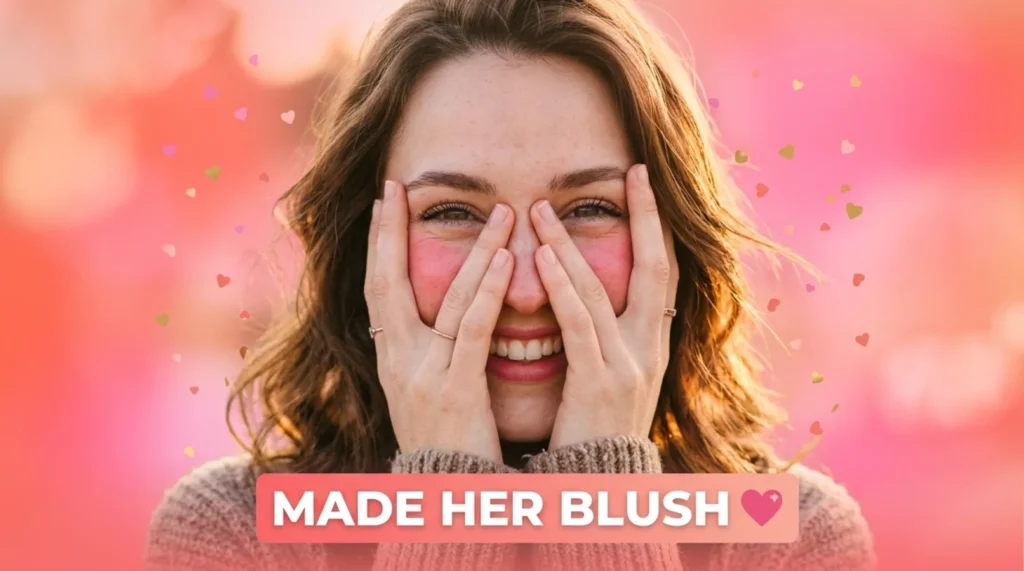 Blushing woman covering smile from cute messages to make her blush