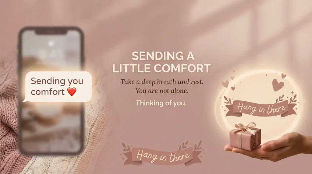 A cozy, comforting Canva card with warm tea and gentle light, representing cute messages to make him smile after a hard day.