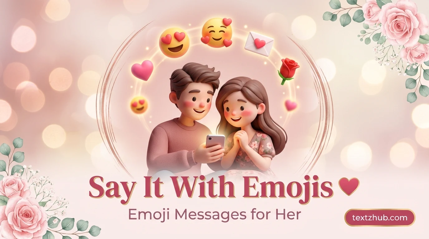 Romantic emoji messages for her shared between a loving 3D couple on glowing phone.