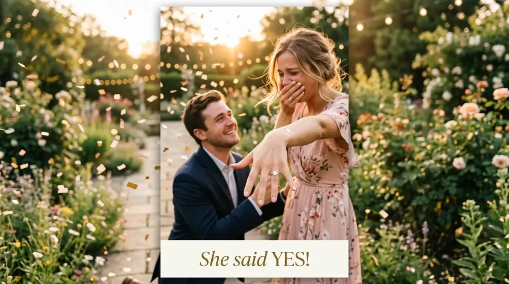 Couple celebrating engagement moment with sparkling ring and confetti