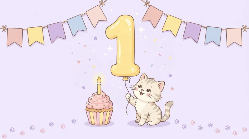 Tiny kitten with balloon celebrating first birthday messages for your kitten