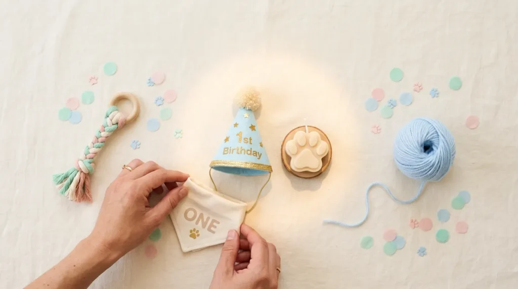 First birthday messages for puppies and kittens with festive pastel party decorations shown.