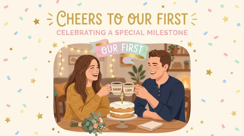 Couple celebrating their first birthday together with cake and candle