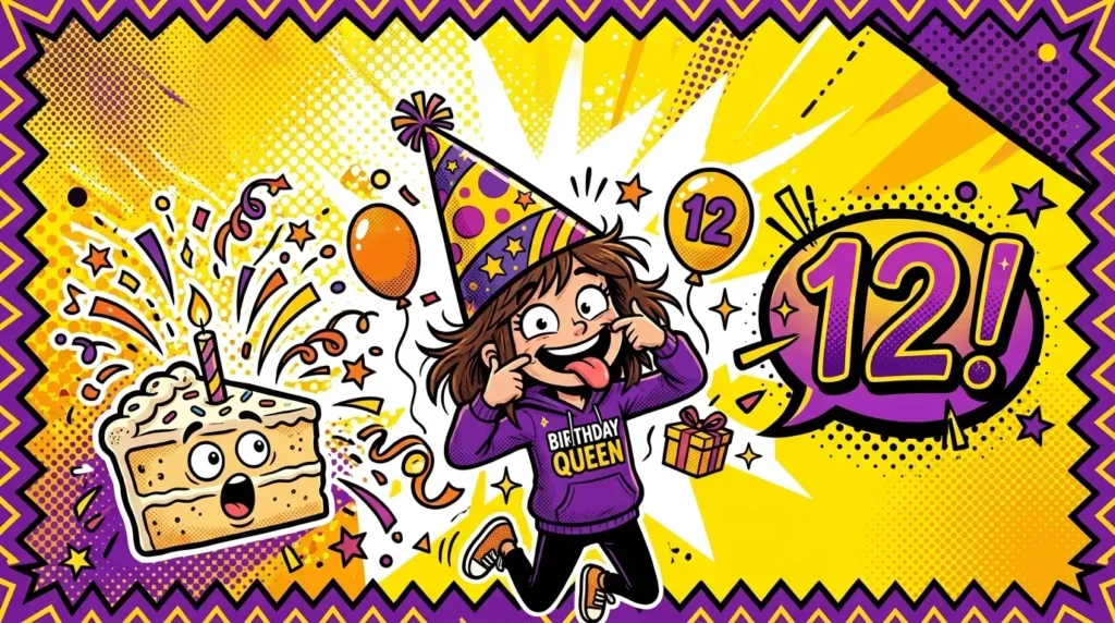 Tween making a silly face at a birthday party, capturing funny 12th birthday messages for tweens.