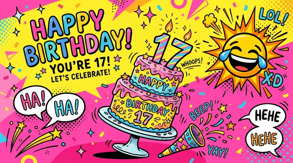 Bright pink and yellow comic-style graphic featuring funny 17th birthday messages with a tilted cake.