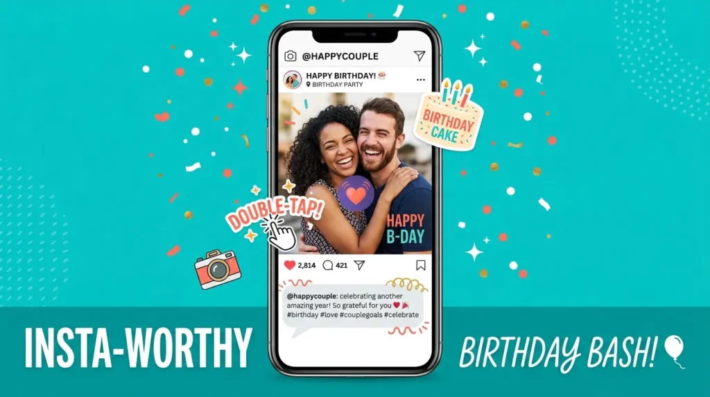 Smartphone mockup showing funny birthday captions for his Instagram post idea.