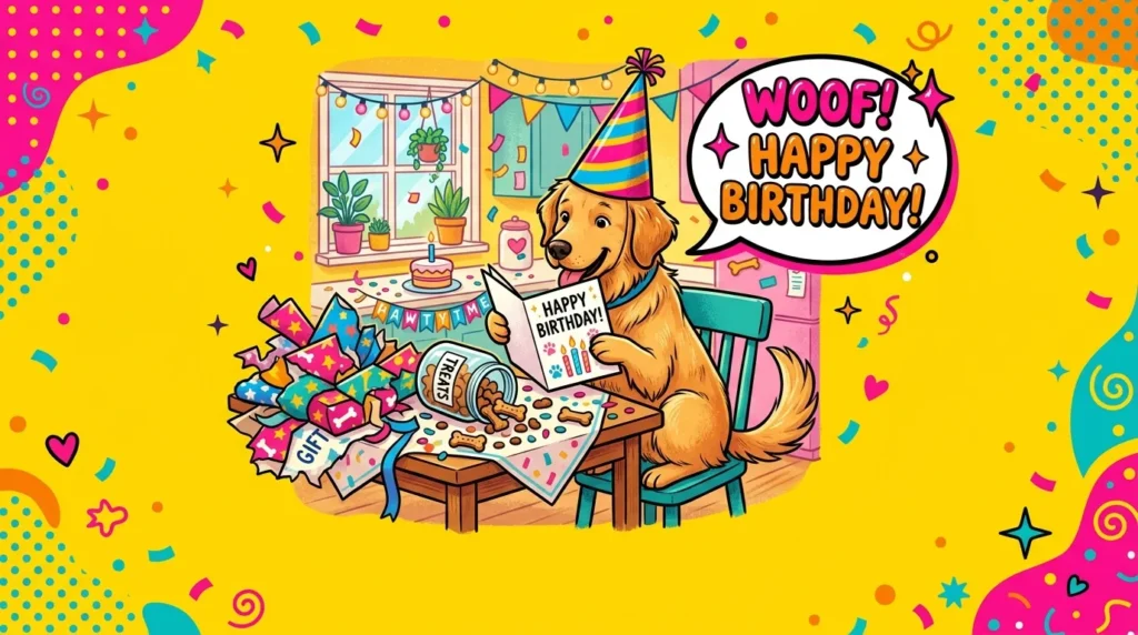 Dog wearing a party hat humorously reading funny birthday messages for dog moms.