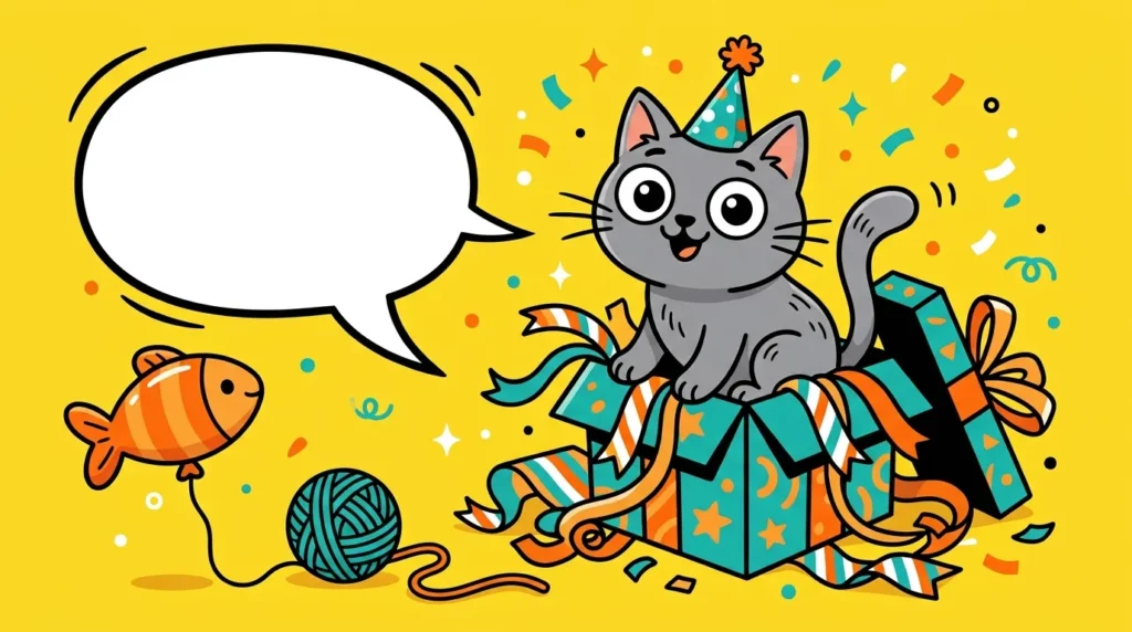 Cartoon cat with party hat representing funny birthday messages from your cat