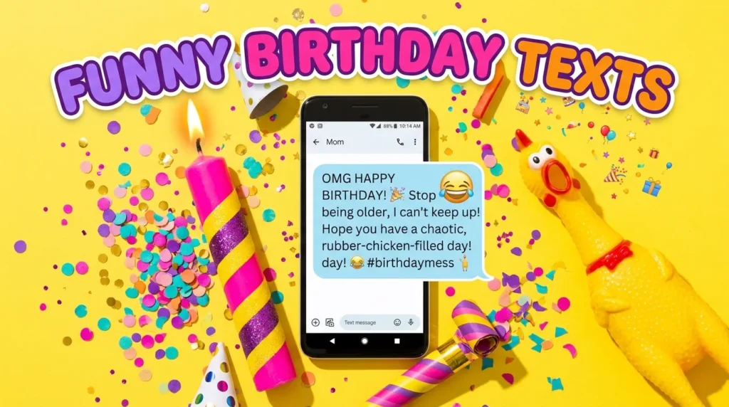 Phone with funny birthday text messages surrounded by party horn and confetti props