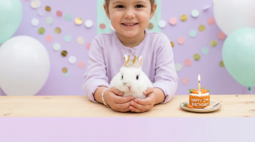 Hands holding crowned bunny beside cake, funny small pet birthday captions