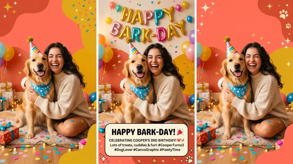 Laughing woman celebrates with dog wearing party hat, funny birthday caption graphic