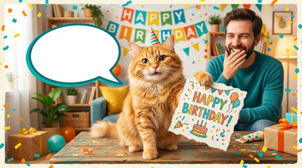 Cat paw offering birthday card to camera, funny from-the-pet caption