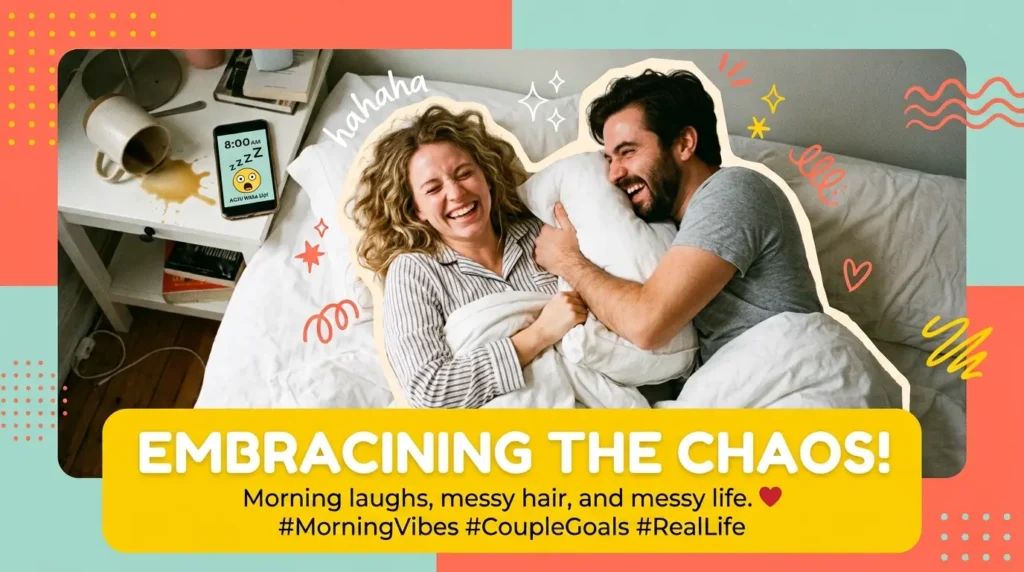 Laughing couple share a silly, affectionate pillow fight in bed together