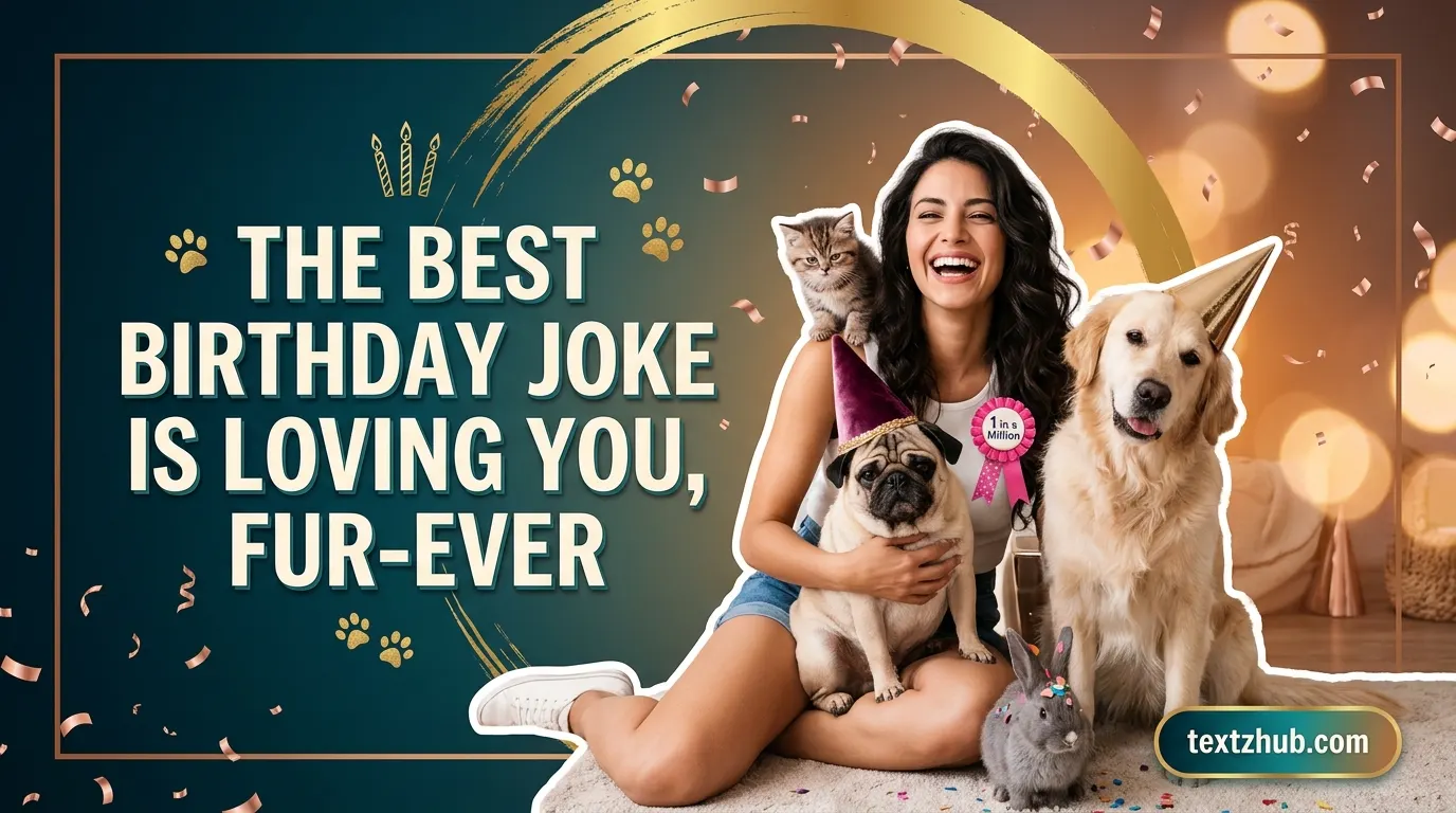 Funny pet birthday captions with a romantic woman laughing surrounded by multiple adorably chaotic birthday pets.