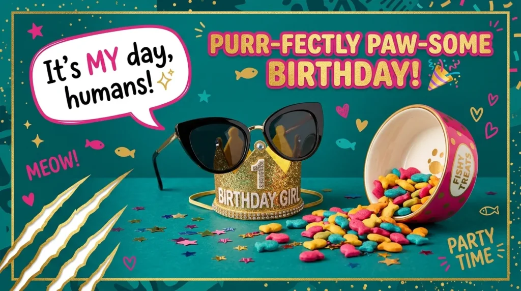 Funny and sassy birthday messages for cats shown with playful sunglasses and crown.
