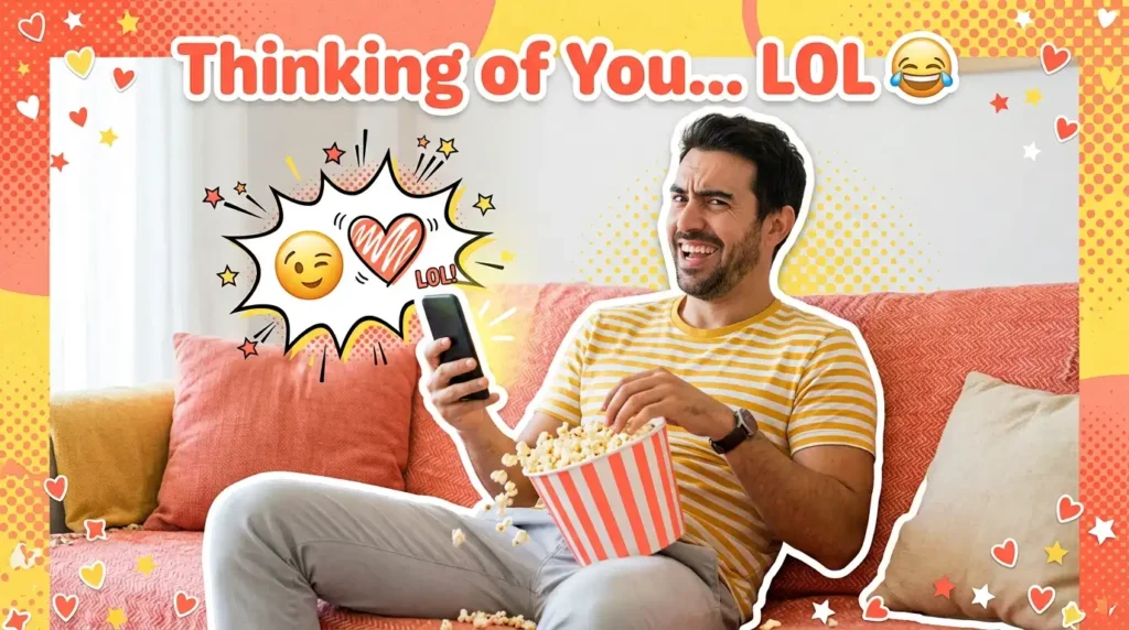 Man laughing at a funny thinking of you message on phone