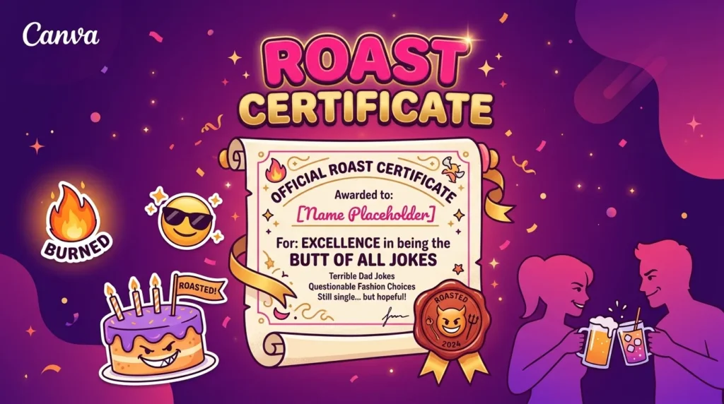 Playful roast certificate graphic representing gentle roast funny birthday messages for boyfriend.