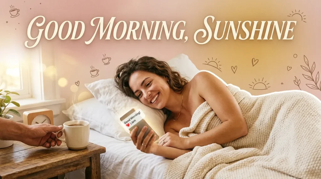 Woman smiling at phone reading good morning emoji messages for her