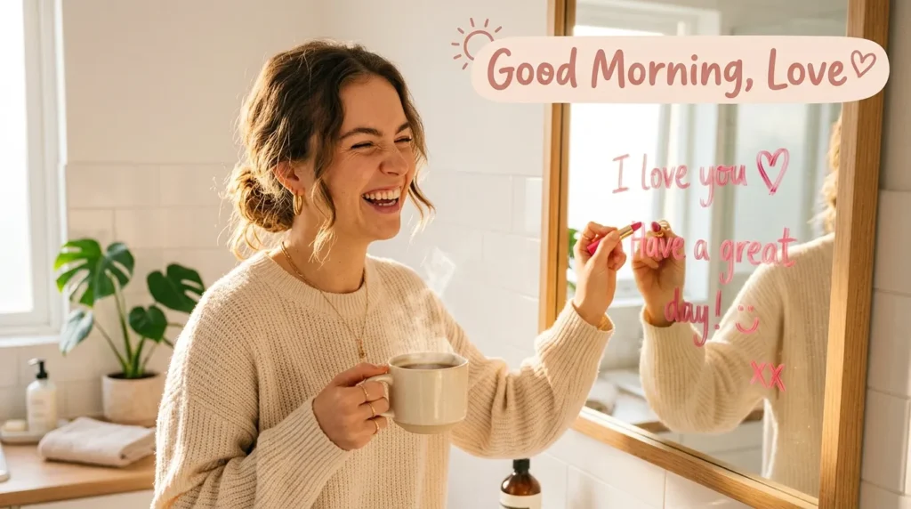 Woman writes good morning mirror message for boyfriend in pink lipstick