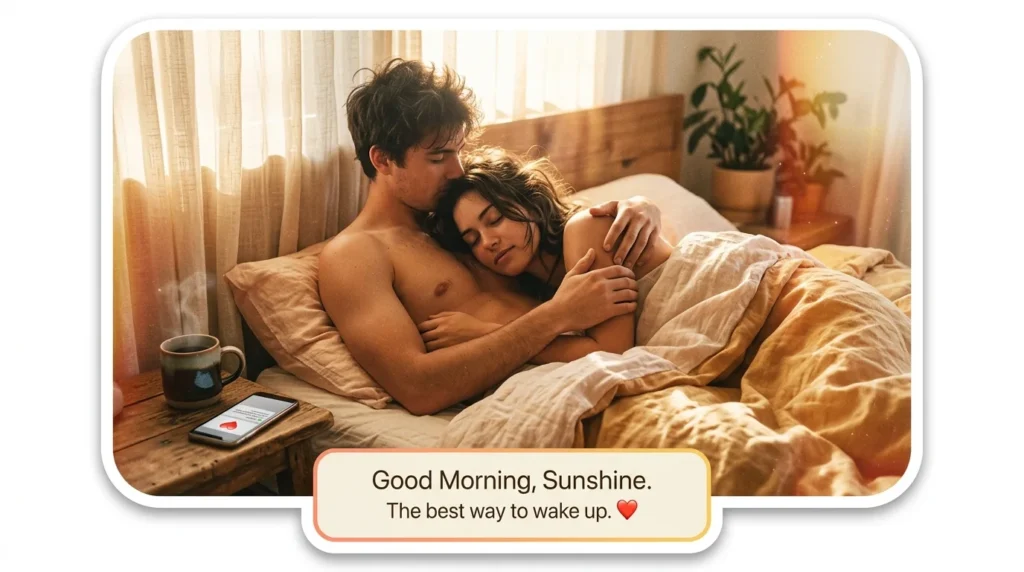 Good morning reassurance messages card with couple cuddling in golden sunrise light