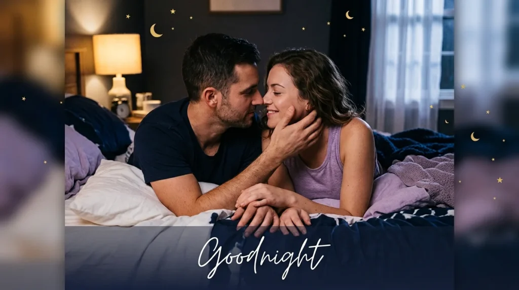 Couple lying face to face at night, good night care messages for her