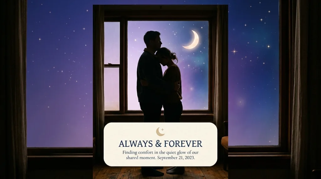 Couple cuddling under moonlight in good night crazy love message