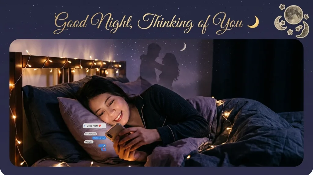 Woman texting good night thinking of you messages under starry sky illustration