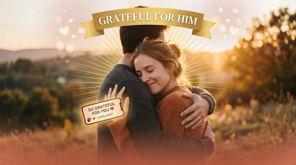 Woman embraced tenderly feeling grateful for him through heartfelt phone message