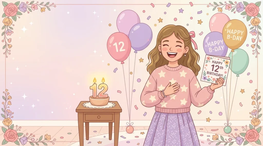 Cheerful young girl celebrating with balloons and confetti, symbolizing happy 12th birthday messages for your daughter.