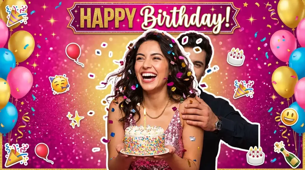 Woman celebrating birthday with cake surrounded by happy birthday emoji messages
