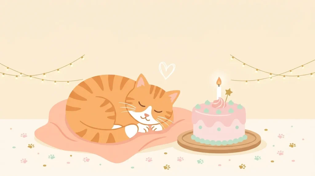 Fluffy cat beside birthday cake illustrating heartfelt birthday messages for your cat