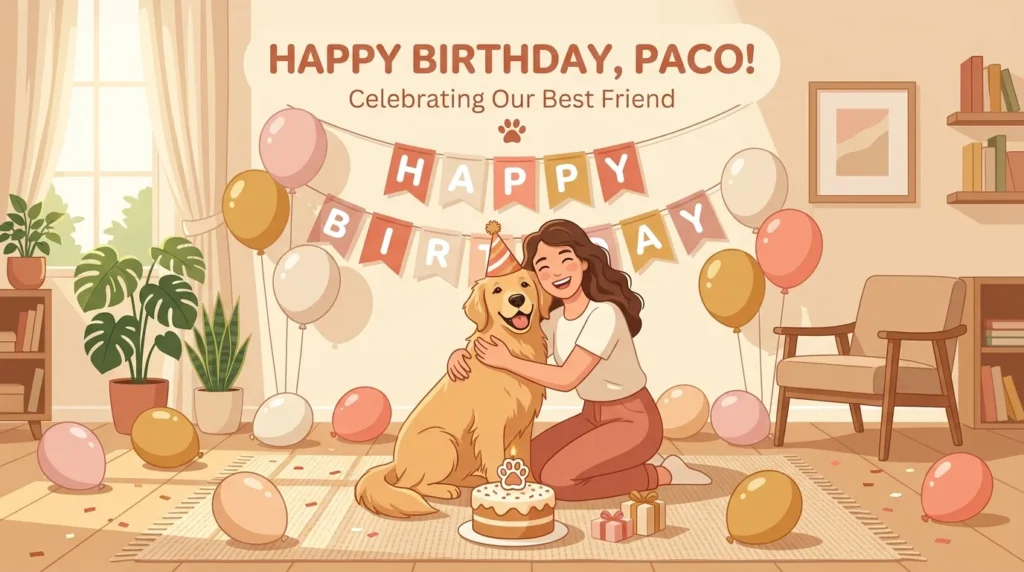 Owner hugging dog surrounded by heartfelt birthday messages for your dog decorations