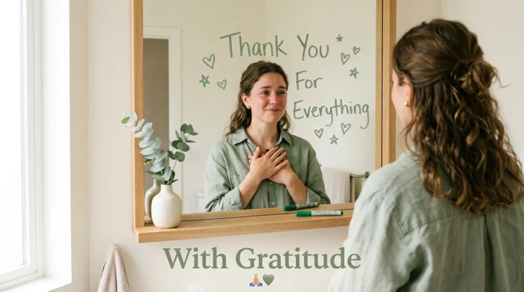 Woman touches mirror writing long distance I miss you message for boyfriend