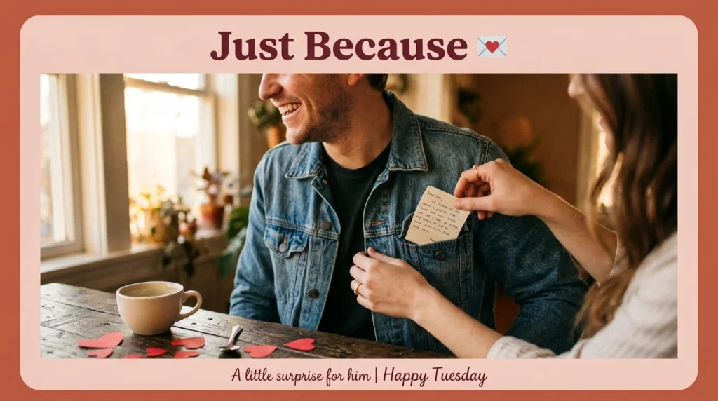 Woman leaving a just because message for him in his jacket pocket